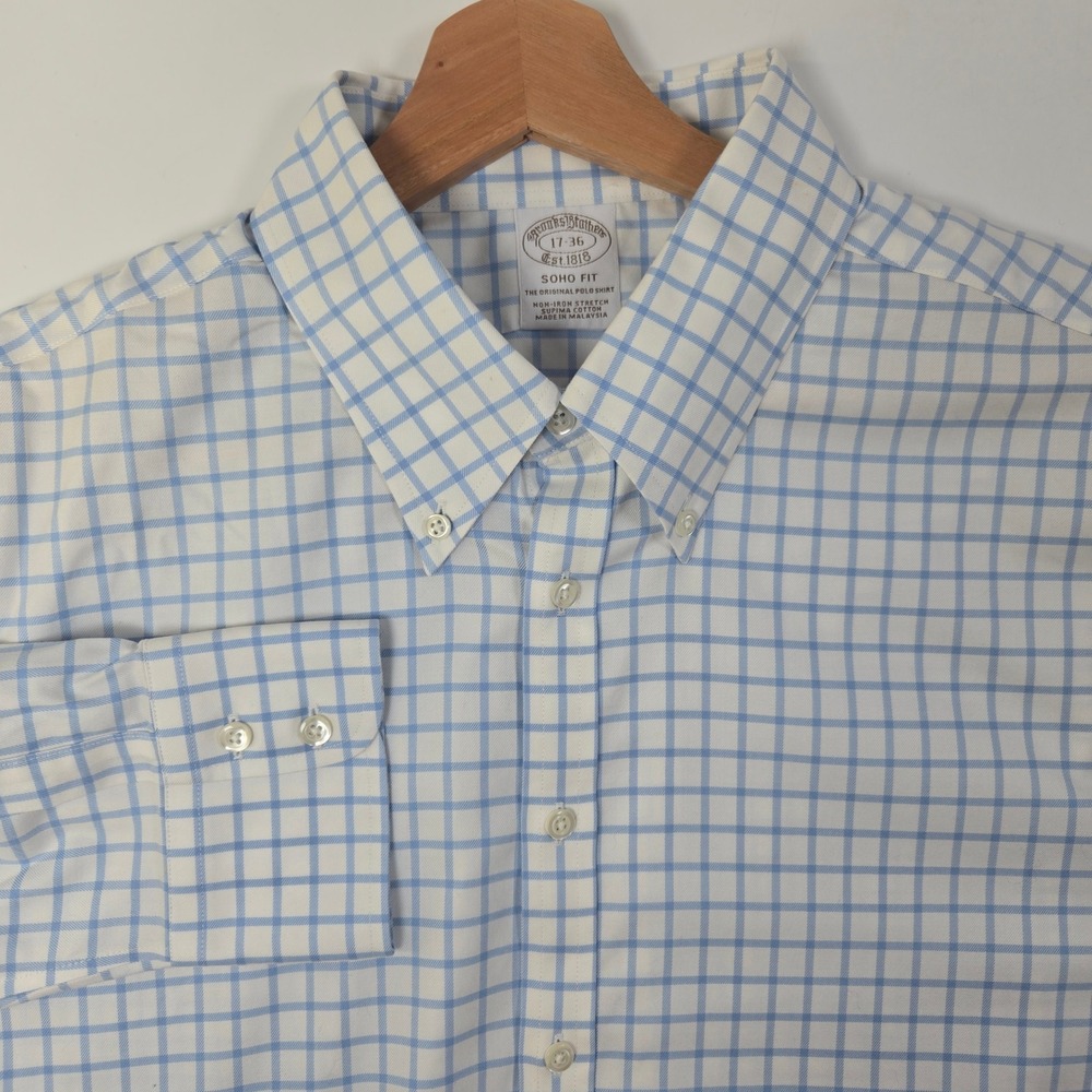 Brooks Brothers Dress Shirt Men 17-36 White Blue Soho Fit Non-Iron Tattersall